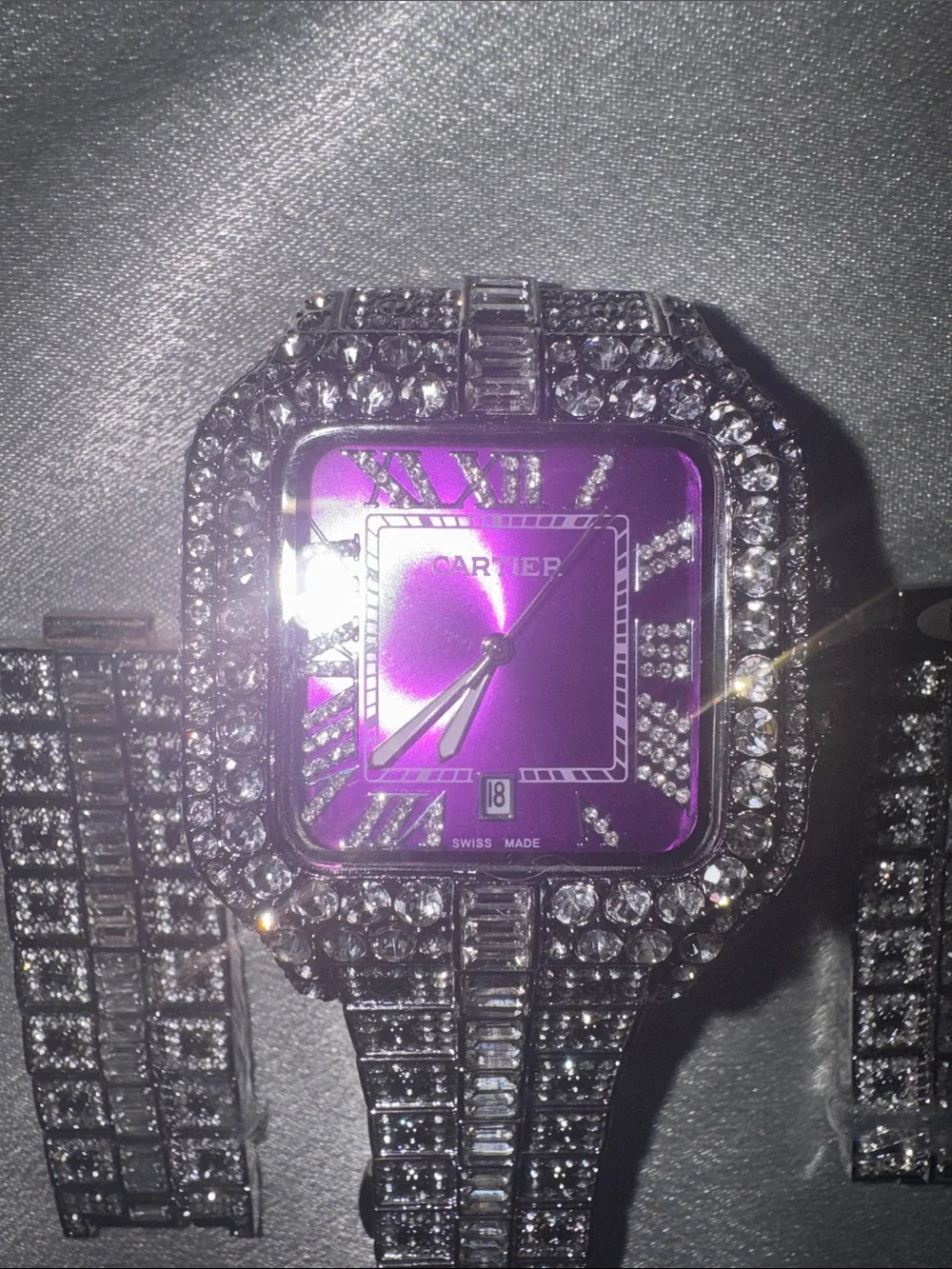 New! Iced-Out bustdown watch featuring a vibrant purple dial and Moissinite vvs1